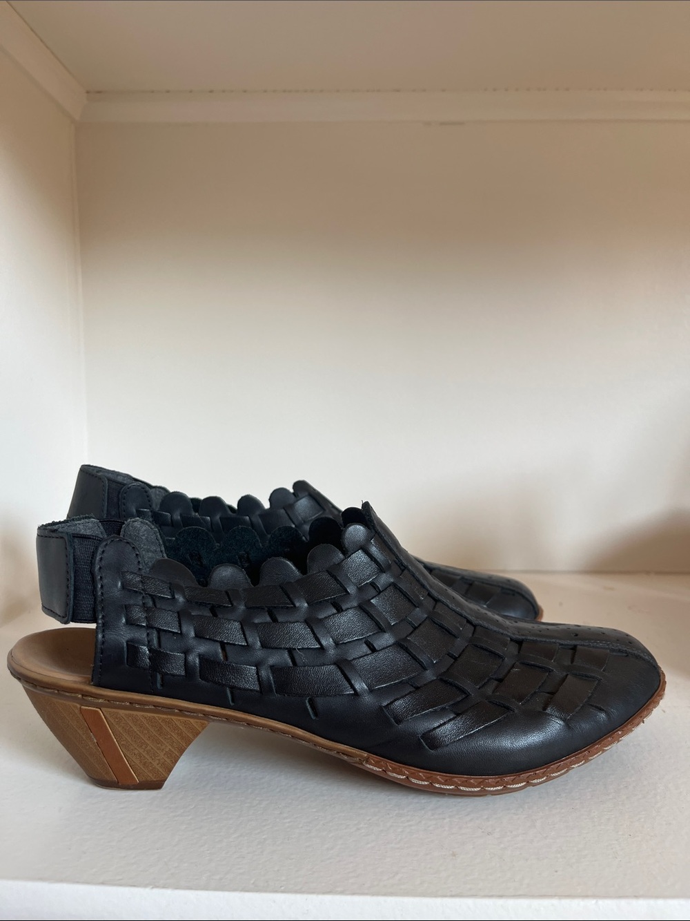 Rieker Black Woven Leather Slingback Clogs